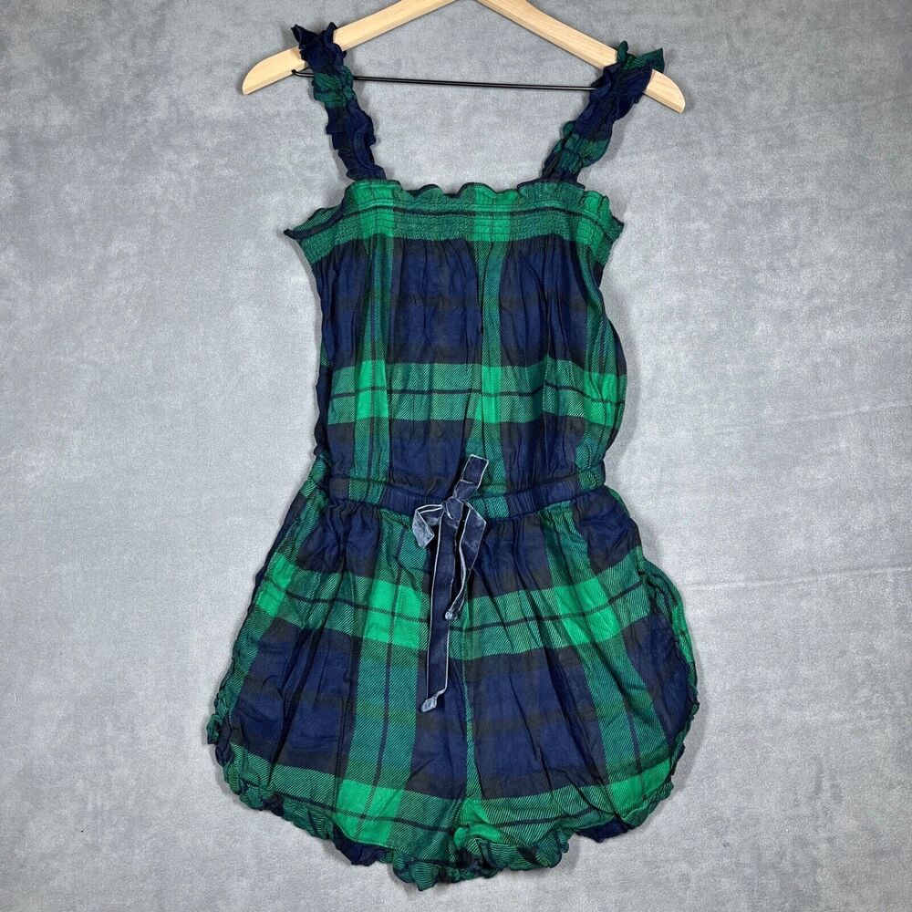 Aerie Womens Romper Small Green Blue Plaid Tie‎ Flannel Sleepwear Loungewear